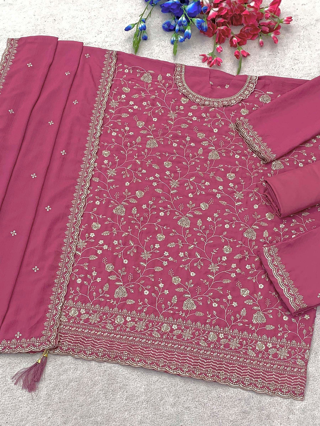 Purple Chinon Embroidered Semi Stitched Straight Kurta With Flared Sharara &amp; Dupatta