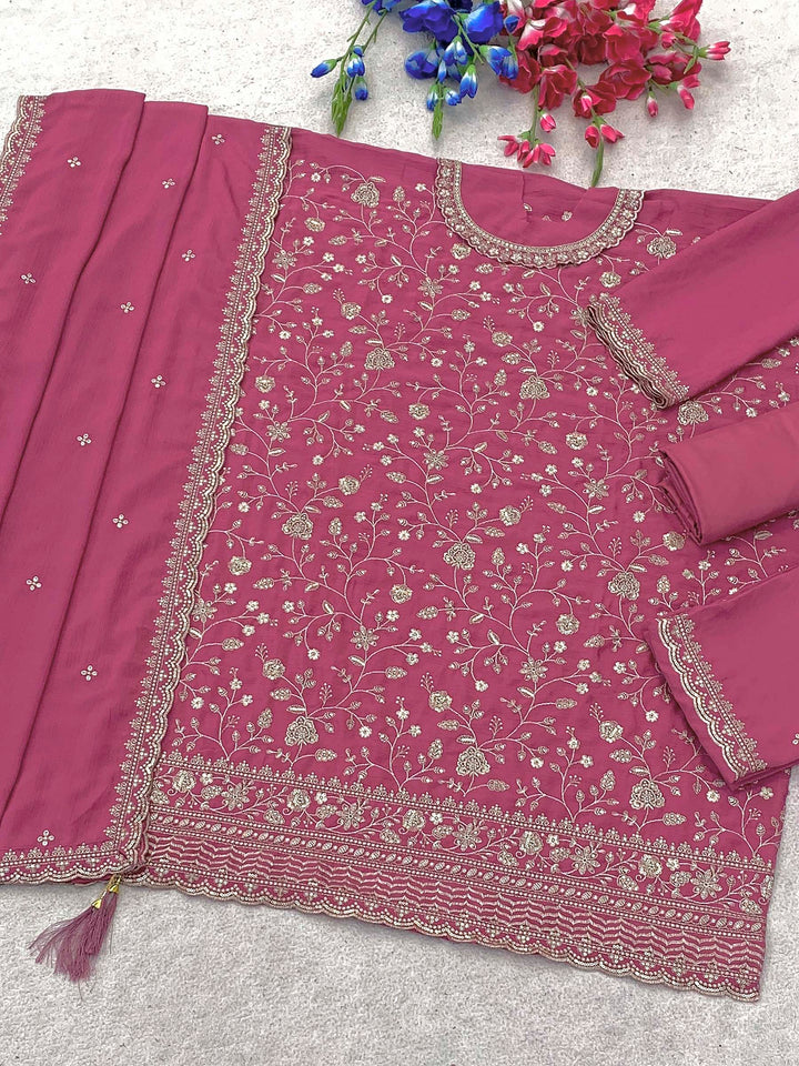 Purple Chinon Embroidered Semi Stitched Straight Kurta With Flared Sharara &amp; Dupatta