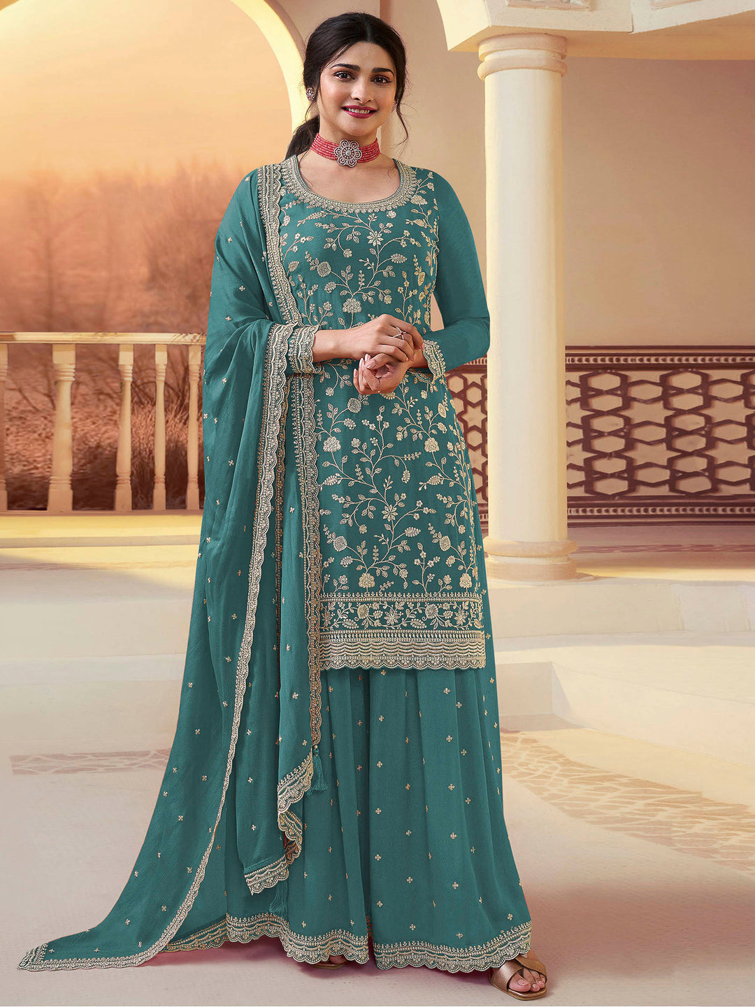 Teal Blue Chinon Embroidered Semi Stitched Straight Kurta With Flared Sharara &amp; Dupatta