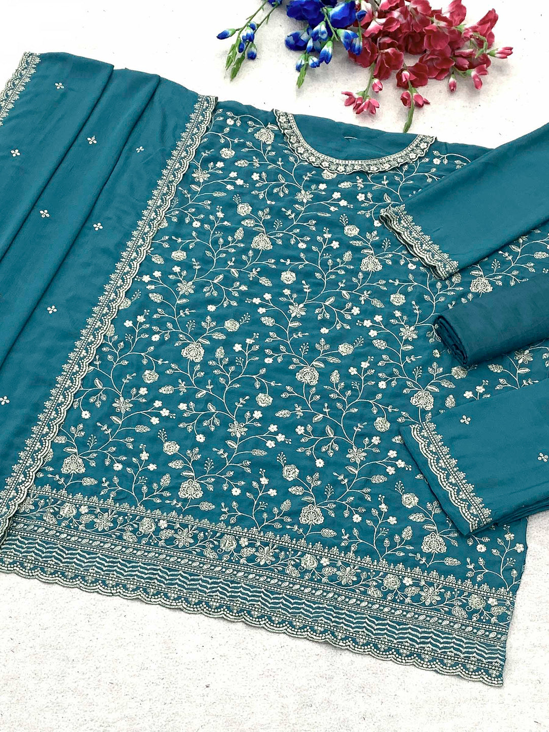 Teal Blue Chinon Embroidered Semi Stitched Straight Kurta With Flared Sharara &amp; Dupatta