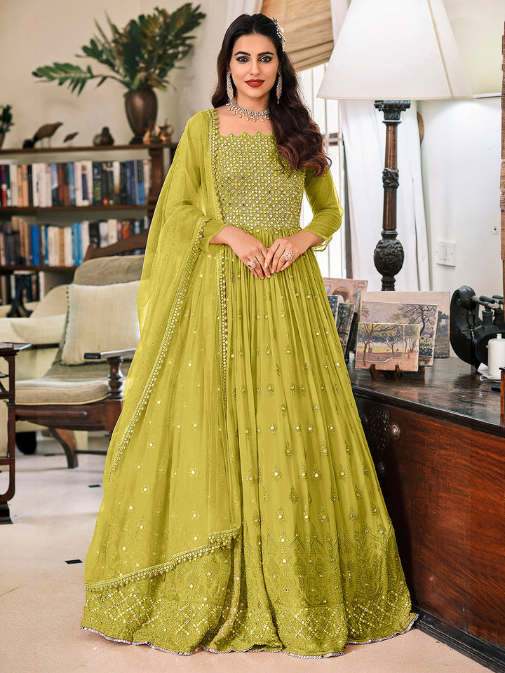 Parrot Green Georgette Embroidered Anarkali Churidar With Dupatta