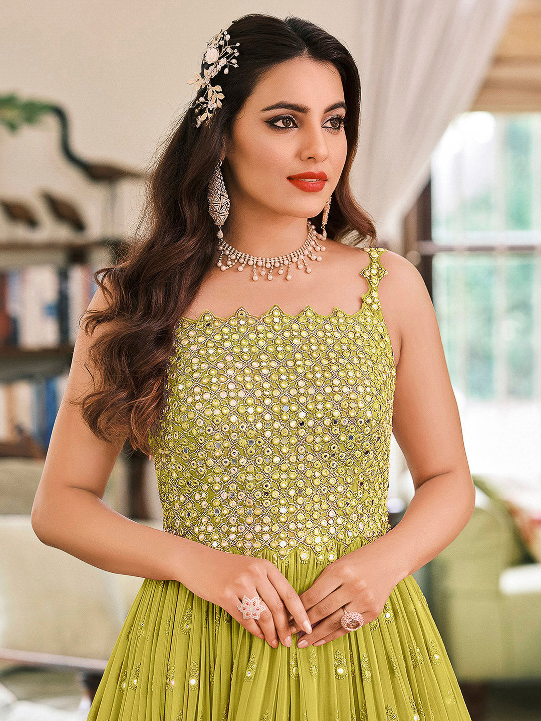 Parrot Green Georgette Embroidered Anarkali Churidar With Dupatta