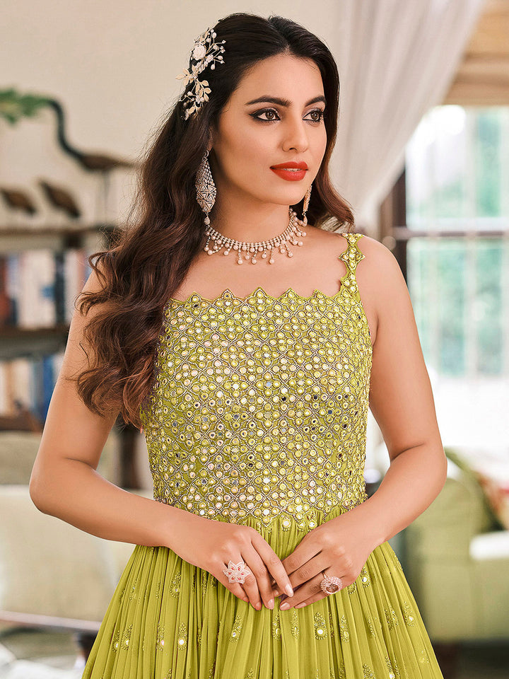 Parrot Green Georgette Embroidered Anarkali Churidar With Dupatta