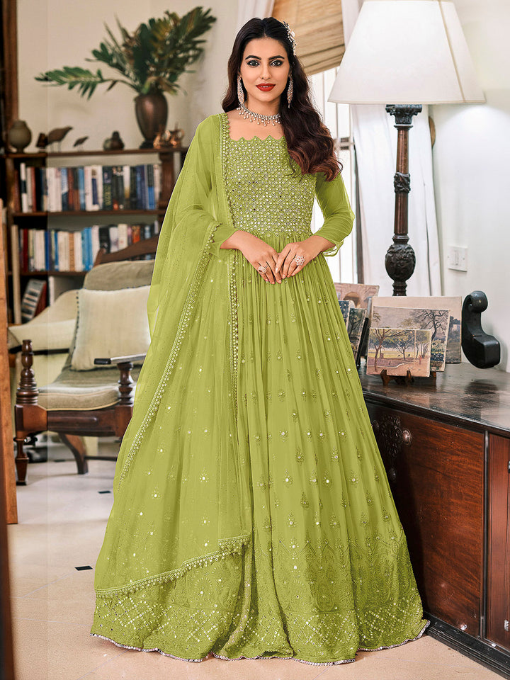 Lime Green Georgette Embroidered Anarkali Churidar With Dupatta