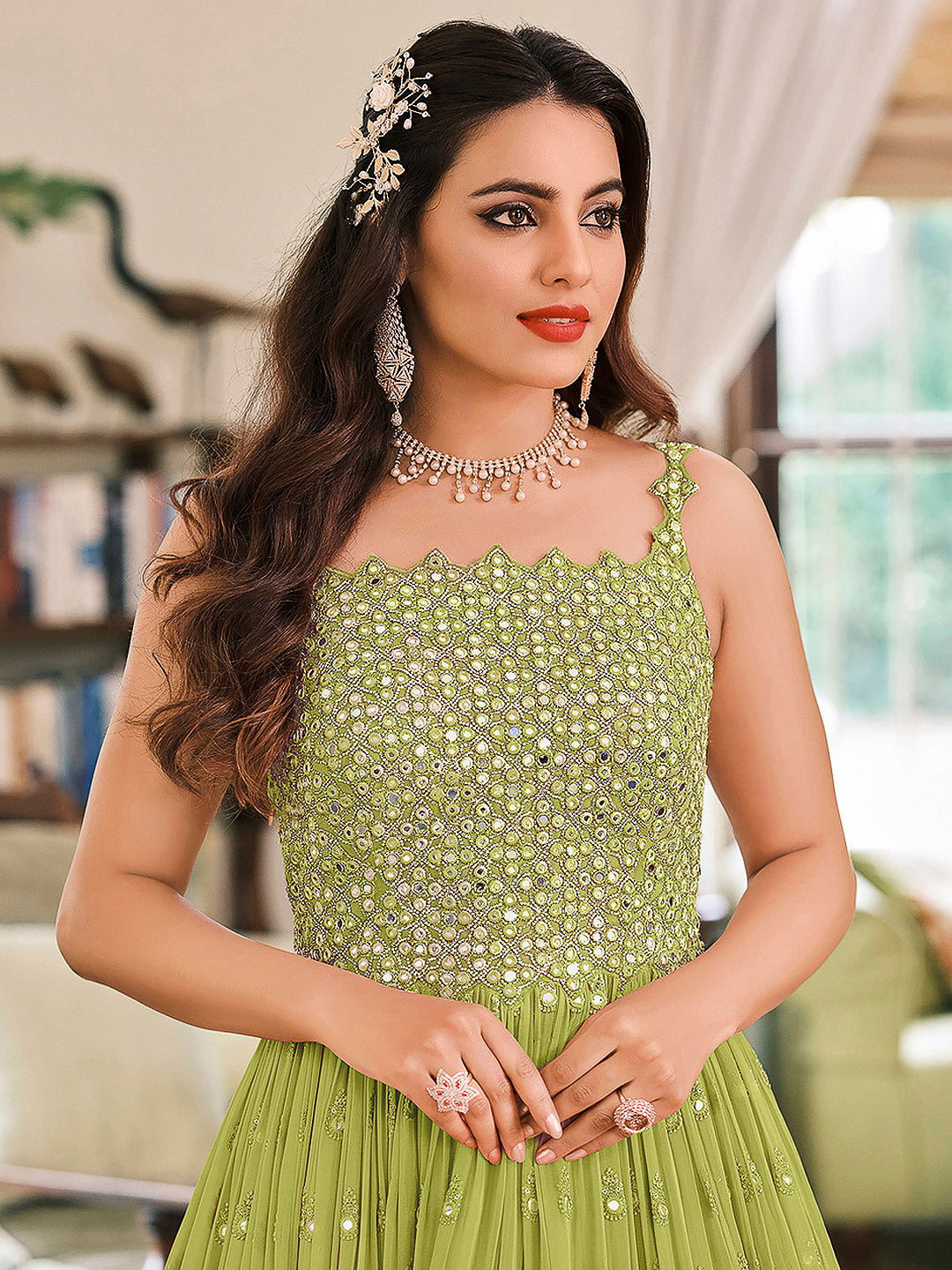 Lime Green Georgette Embroidered Anarkali Churidar With Dupatta
