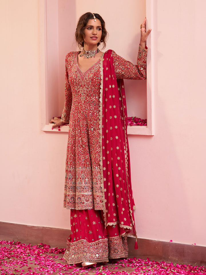 Red Georgette Embroidered Anarkali &amp; Flared Sharara With Dupatta