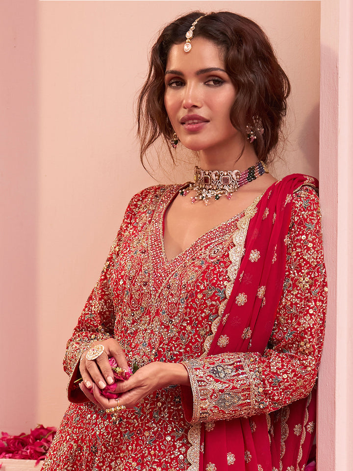 Red Georgette Embroidered Anarkali &amp; Flared Sharara With Dupatta