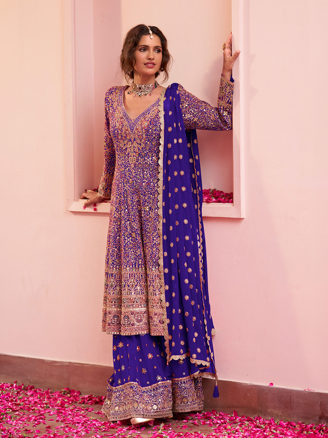 Royal Blue Georgette Embroidered Anarkali &amp; Flared Sharara With Dupatta