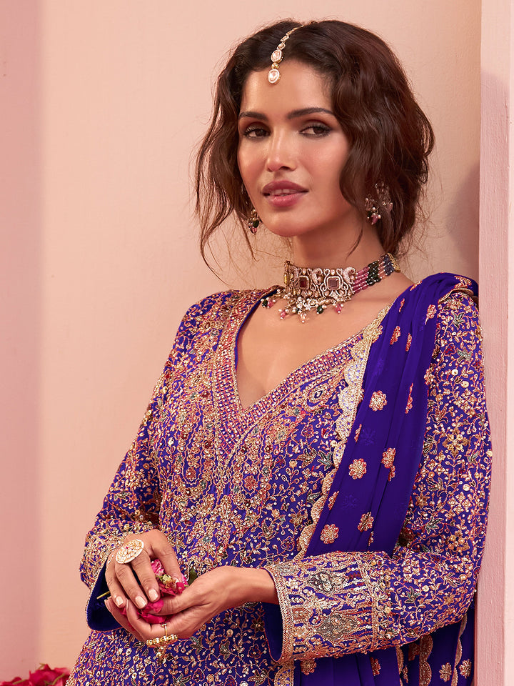 Royal Blue Georgette Embroidered Anarkali &amp; Flared Sharara With Dupatta