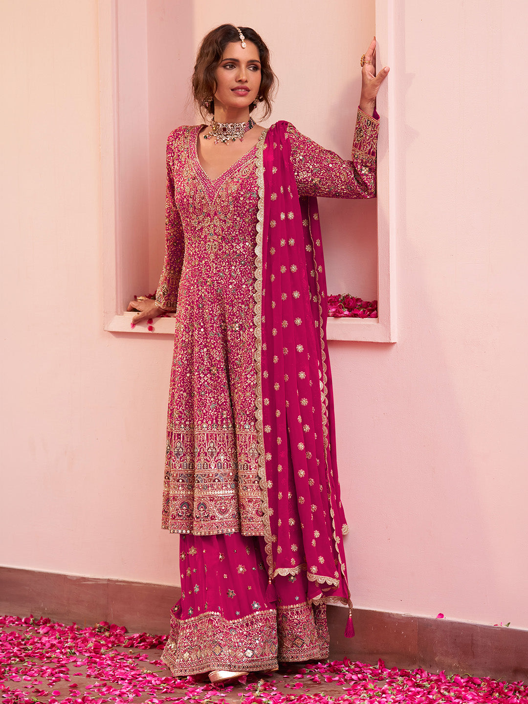 Rani Georgette Embroidered Anarkali &amp; Flared Sharara With Dupatta