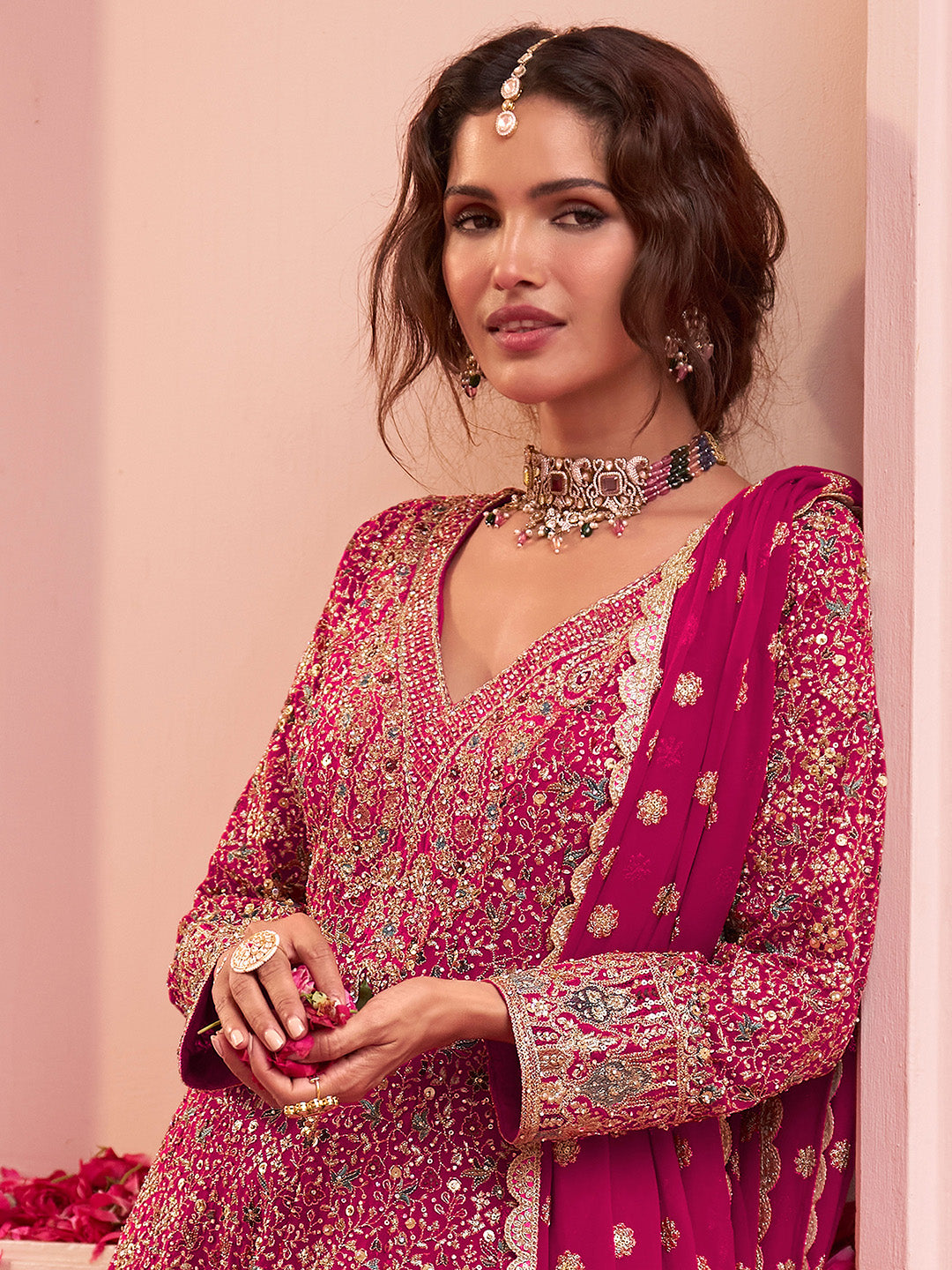Rani Georgette Embroidered Anarkali &amp; Flared Sharara With Dupatta