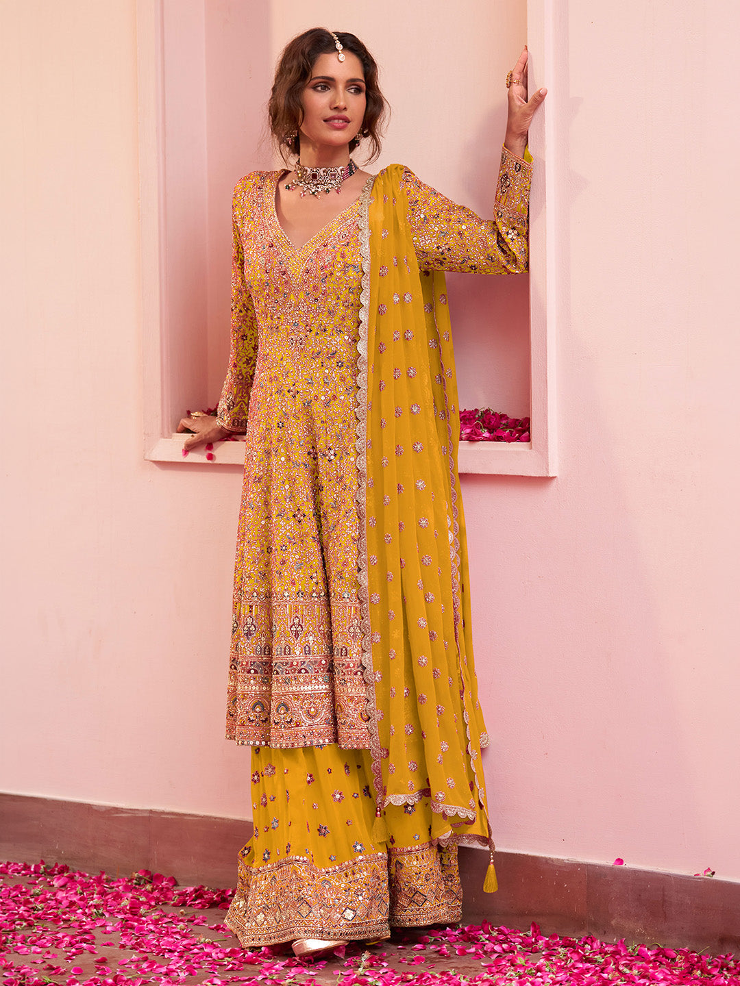 Mustard Georgette Embroidered Anarkali &amp; Flared Sharara With Dupatta