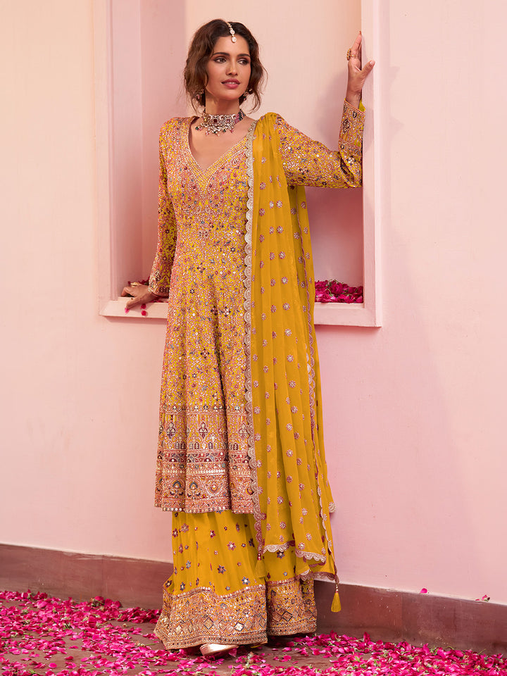 Mustard Georgette Embroidered Anarkali &amp; Flared Sharara With Dupatta