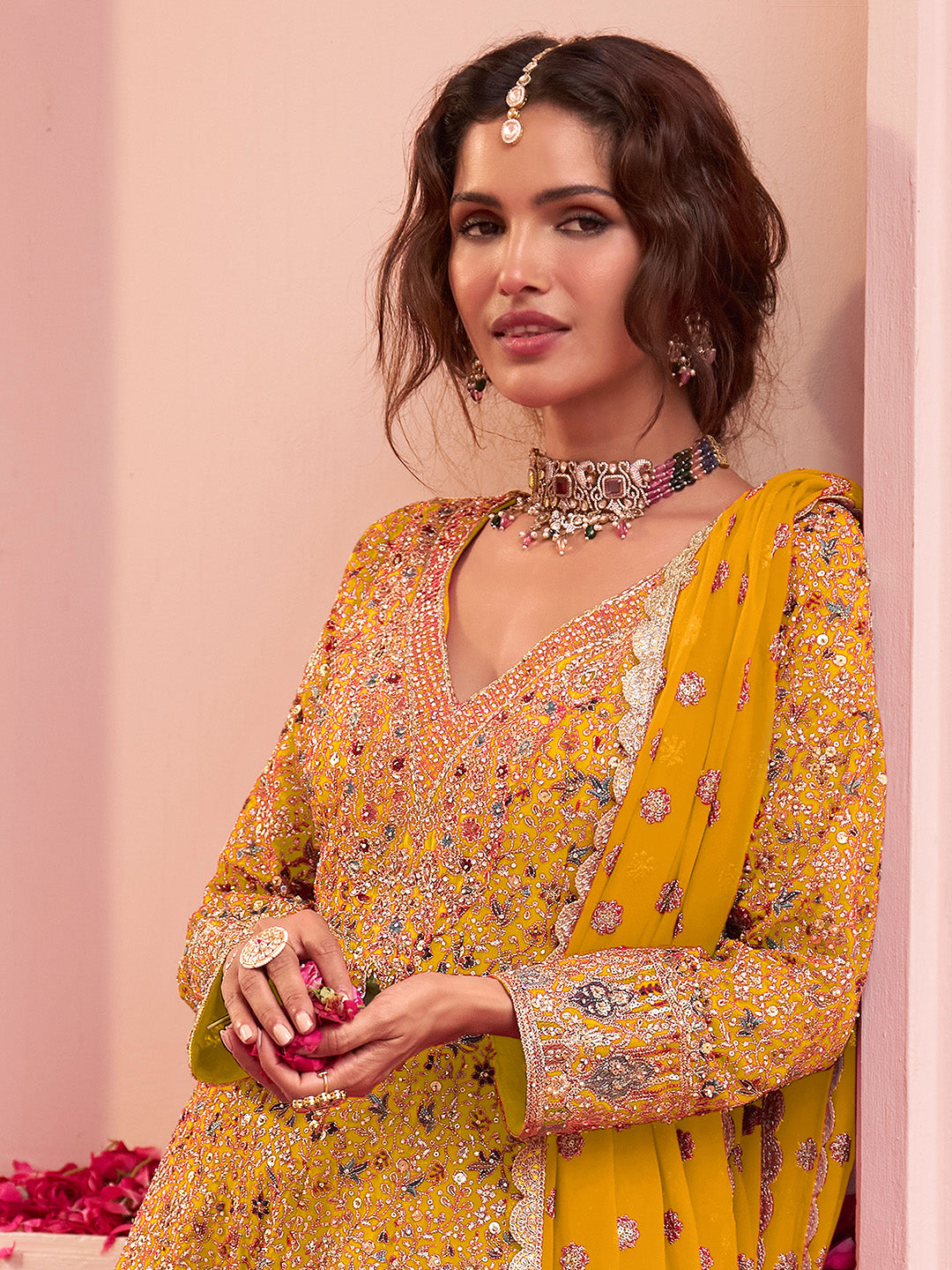 Mustard Georgette Embroidered Anarkali &amp; Flared Sharara With Dupatta