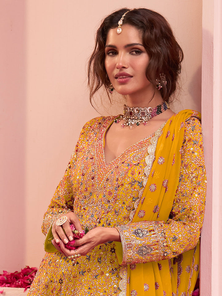Mustard Georgette Embroidered Anarkali &amp; Flared Sharara With Dupatta