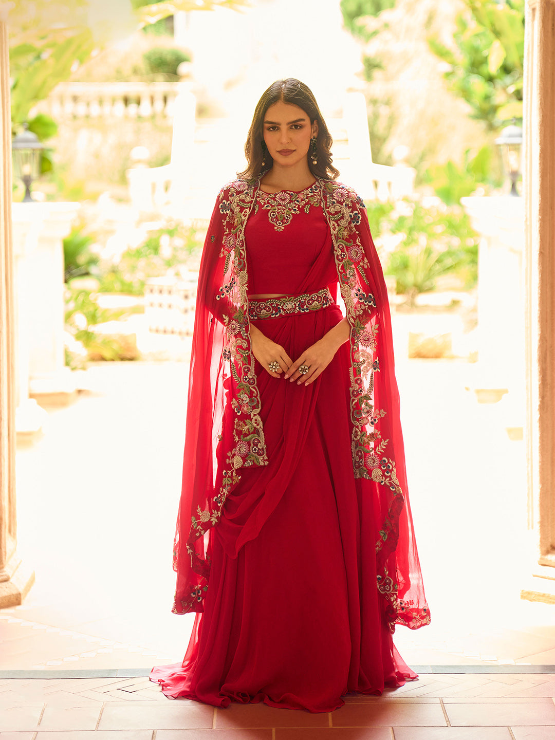 Red Georgette Embroidered Blouse &amp; Flared Sharara With Jacket
