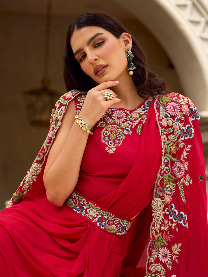 Red Georgette Embroidered Blouse &amp; Flared Sharara With Jacket