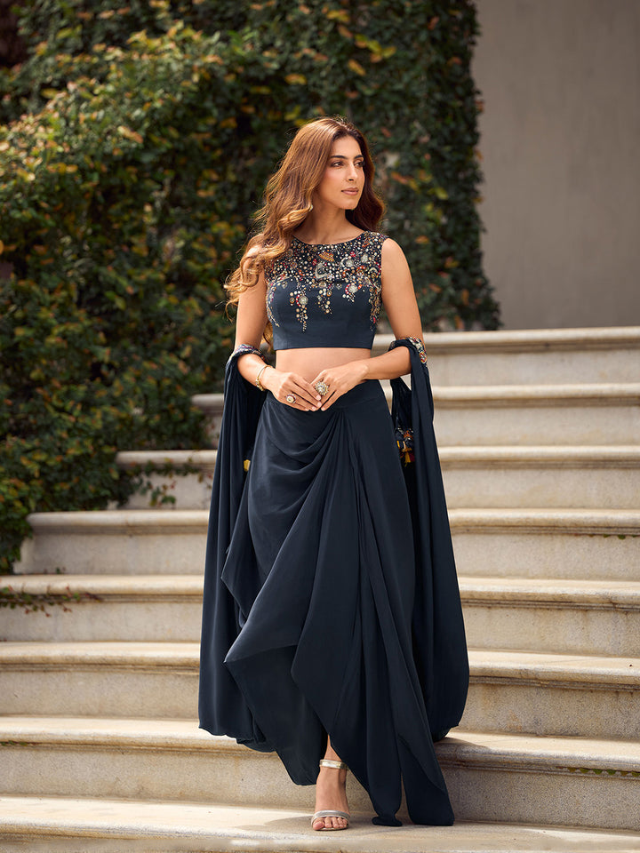Black Georgette Embroidered Blouse &amp; Flared Sharara With Jacket