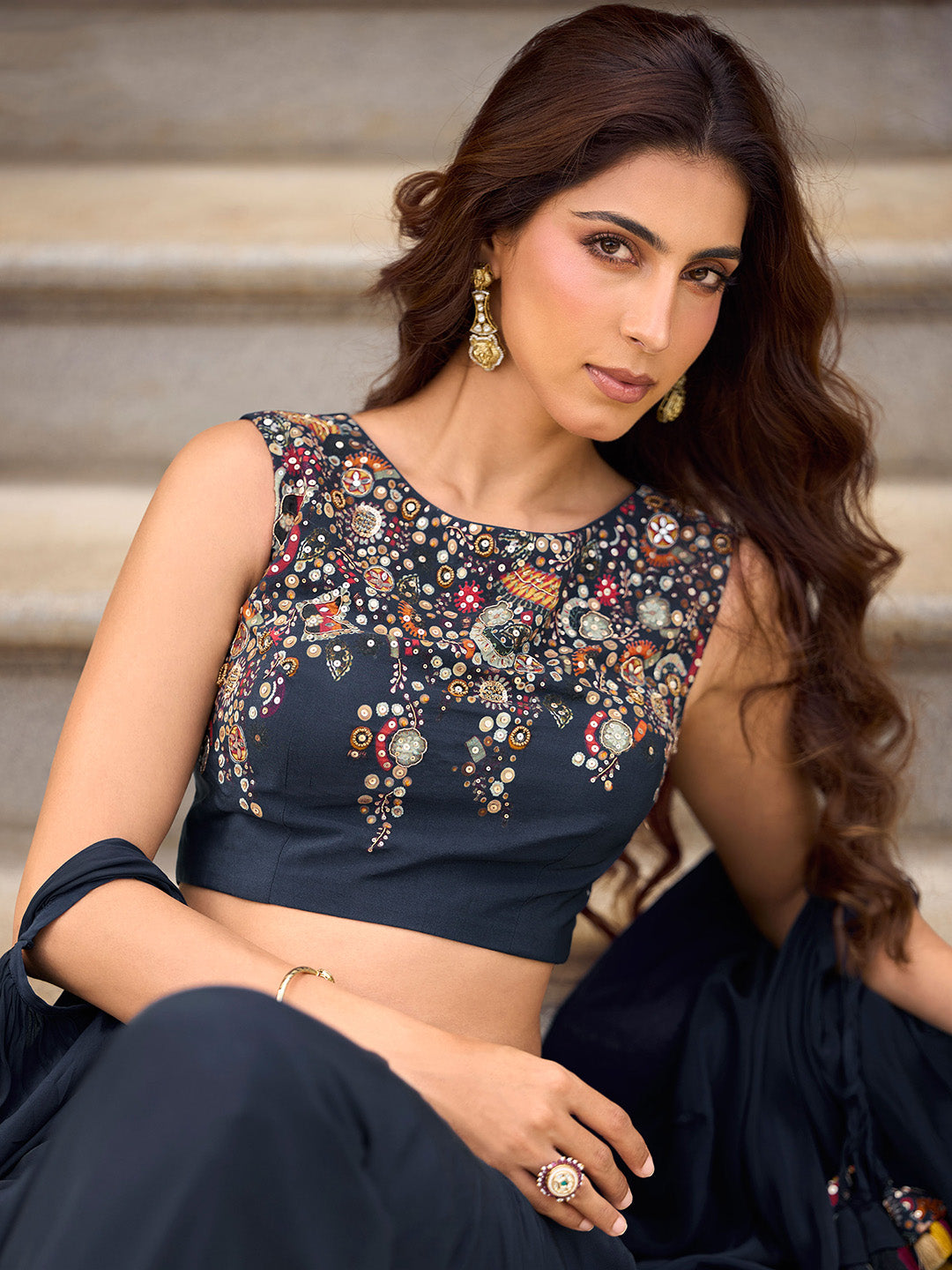 Black Georgette Embroidered Blouse &amp; Flared Sharara With Jacket