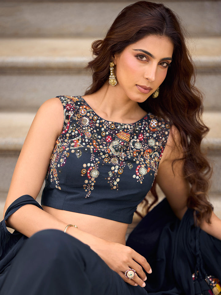 Black Georgette Embroidered Blouse &amp; Flared Sharara With Jacket