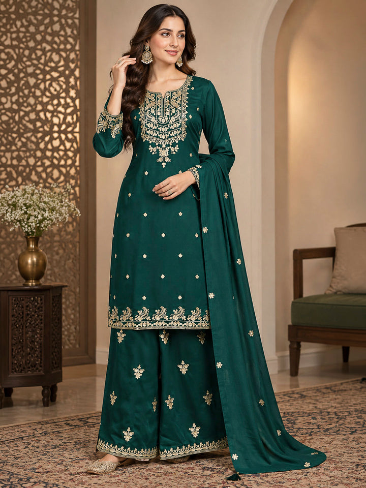 Bottle Green Chinon Embroidered Kurta With Palazzo &amp; Dupatta