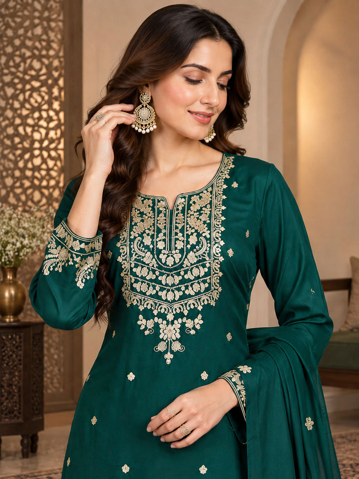 Bottle Green Chinon Embroidered Kurta With Palazzo &amp; Dupatta