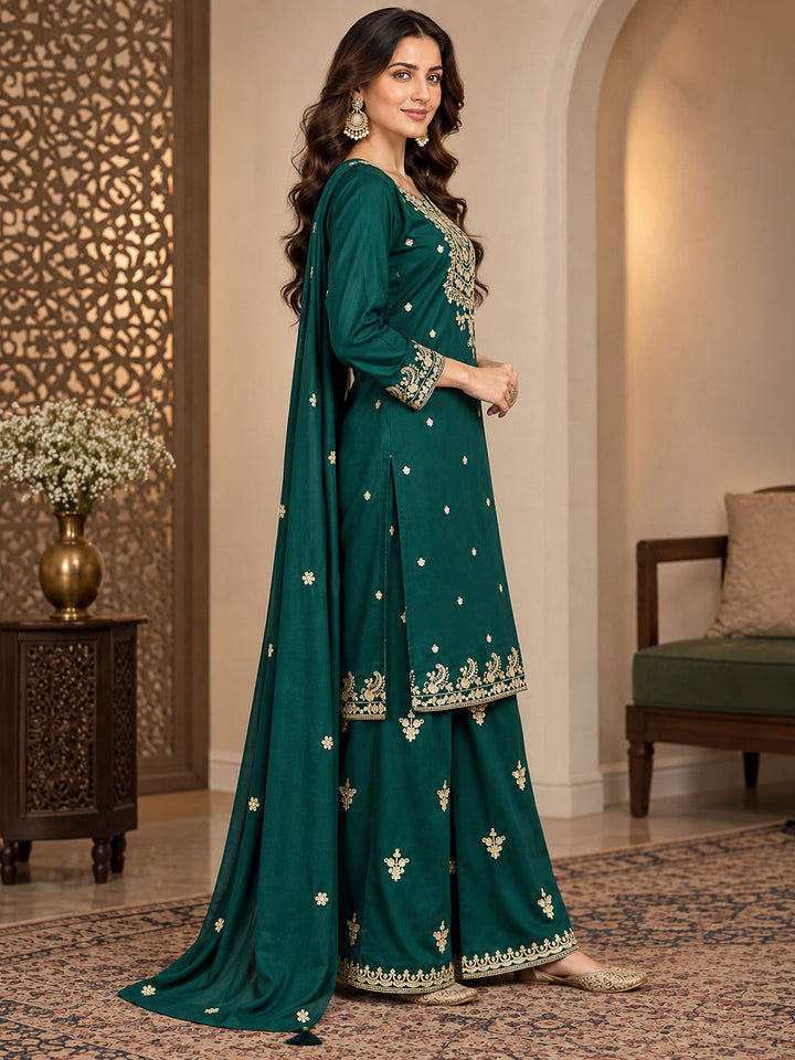 Bottle Green Chinon Embroidered Kurta With Palazzo &amp; Dupatta