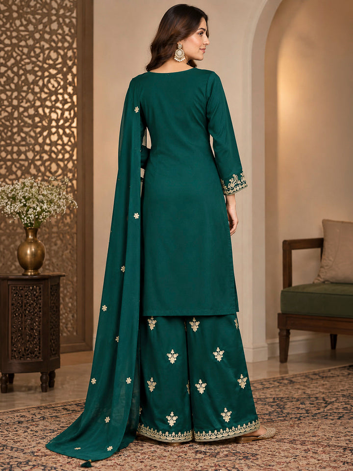 Bottle Green Chinon Embroidered Kurta With Palazzo &amp; Dupatta
