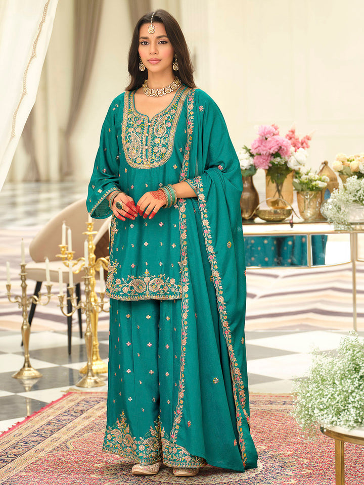 Teal Green Chinon Embroidered Kurti With Palazzo &amp; Dupatta