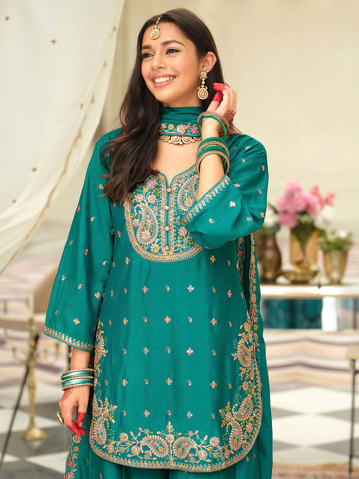 Teal Green Chinon Embroidered Kurti With Palazzo &amp; Dupatta