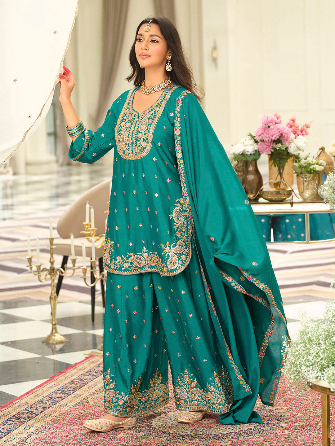 Teal Green Chinon Embroidered Kurti With Palazzo &amp; Dupatta