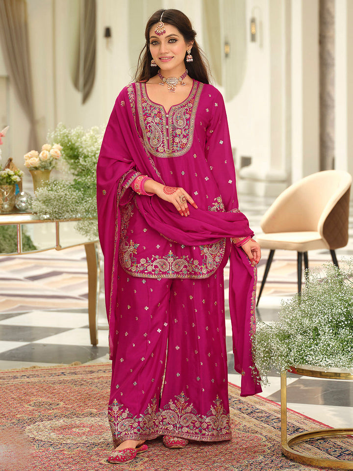 Rani-Pink Chinon Embroidered Kurti With Palazzo &amp; Dupatta