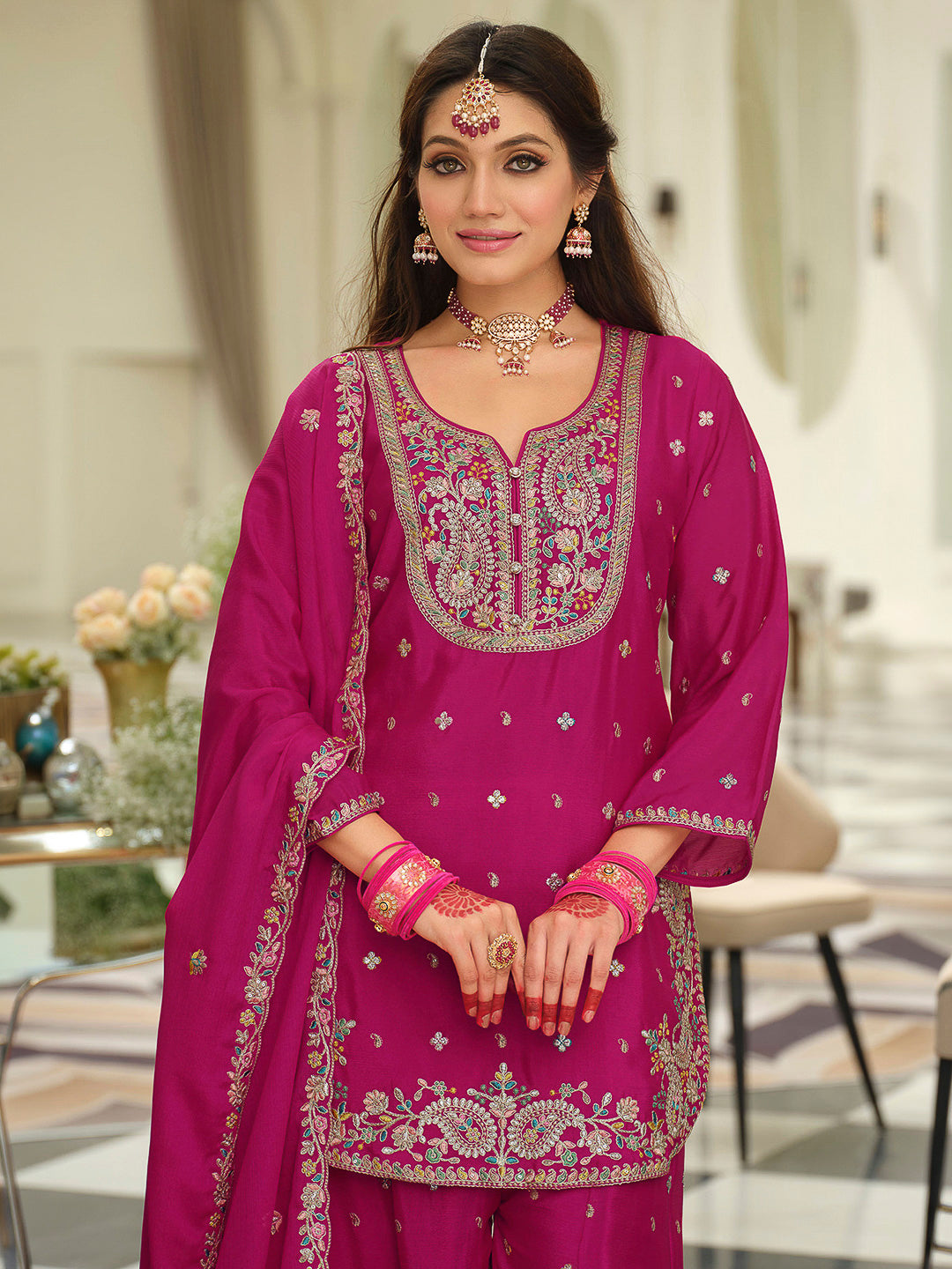 Rani-Pink Chinon Embroidered Kurti With Palazzo &amp; Dupatta