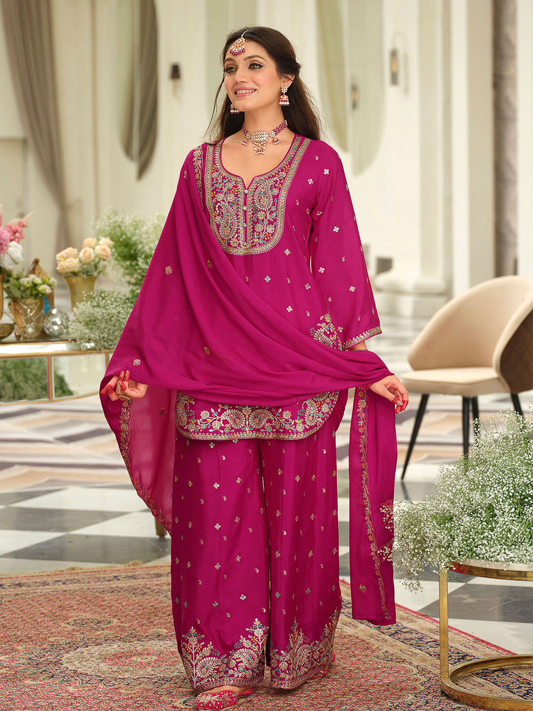 Rani-Pink Chinon Embroidered Kurti With Palazzo &amp; Dupatta