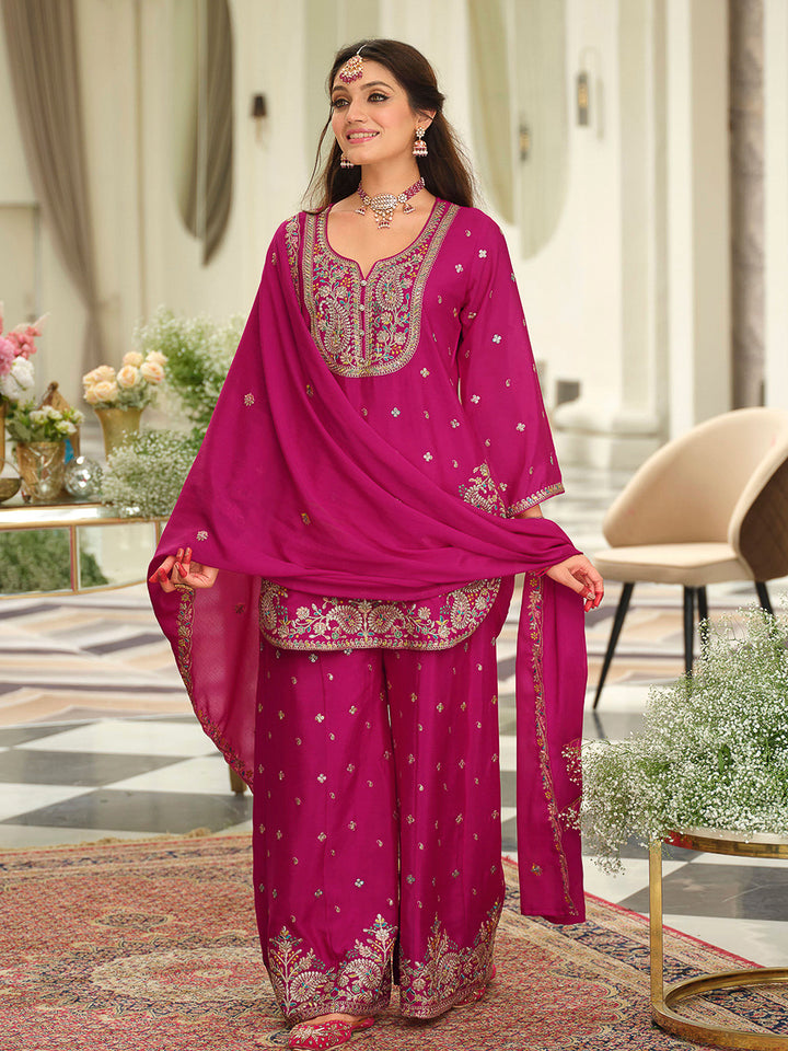 Rani-Pink Chinon Embroidered Kurti With Palazzo &amp; Dupatta