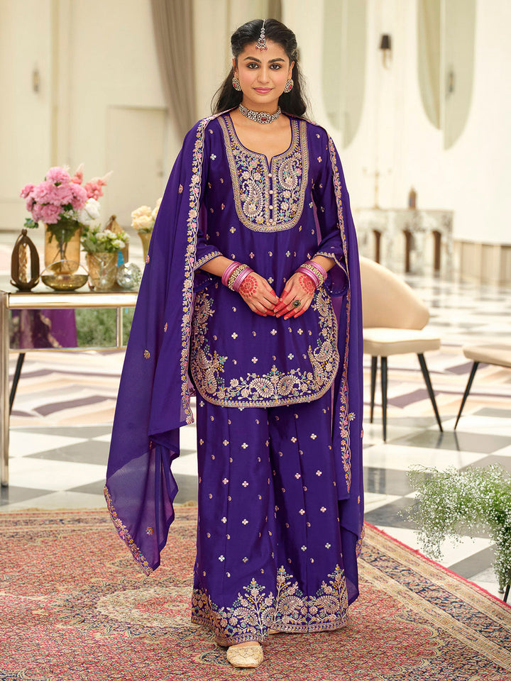Purple Chinon Embroidered Kurti With Palazzo &amp; Dupatta