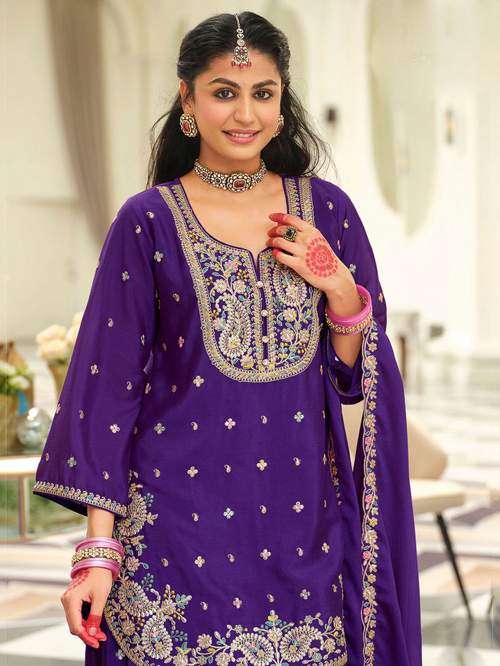Purple Chinon Embroidered Kurti With Palazzo &amp; Dupatta