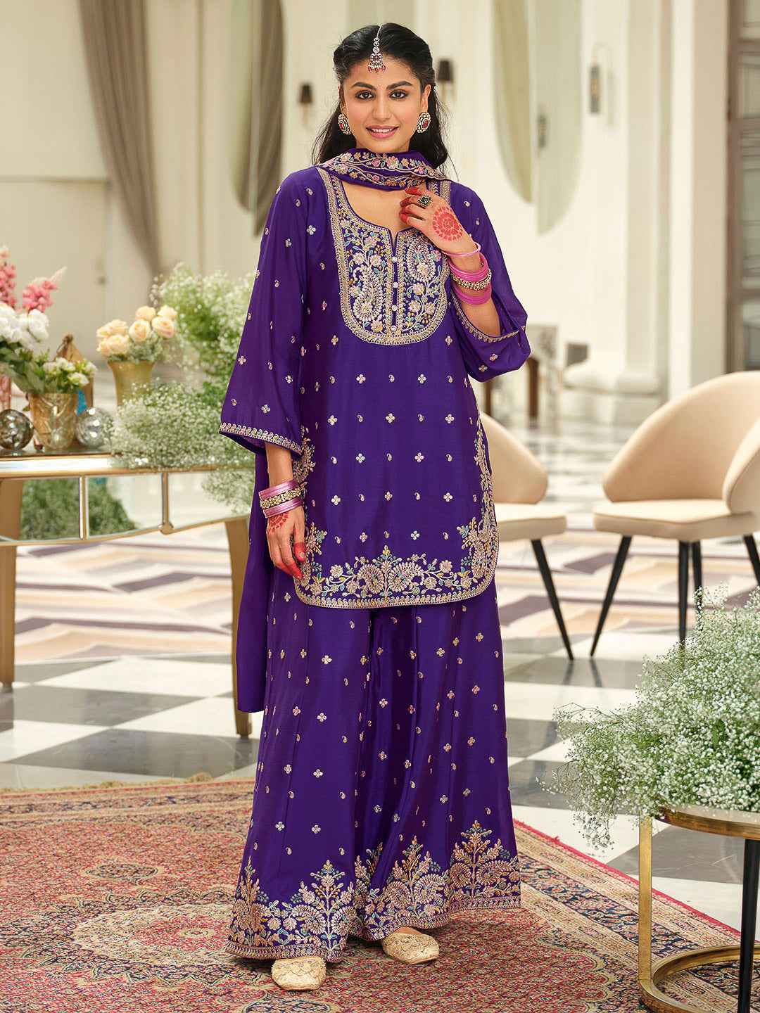 Purple Chinon Embroidered Kurti With Palazzo &amp; Dupatta