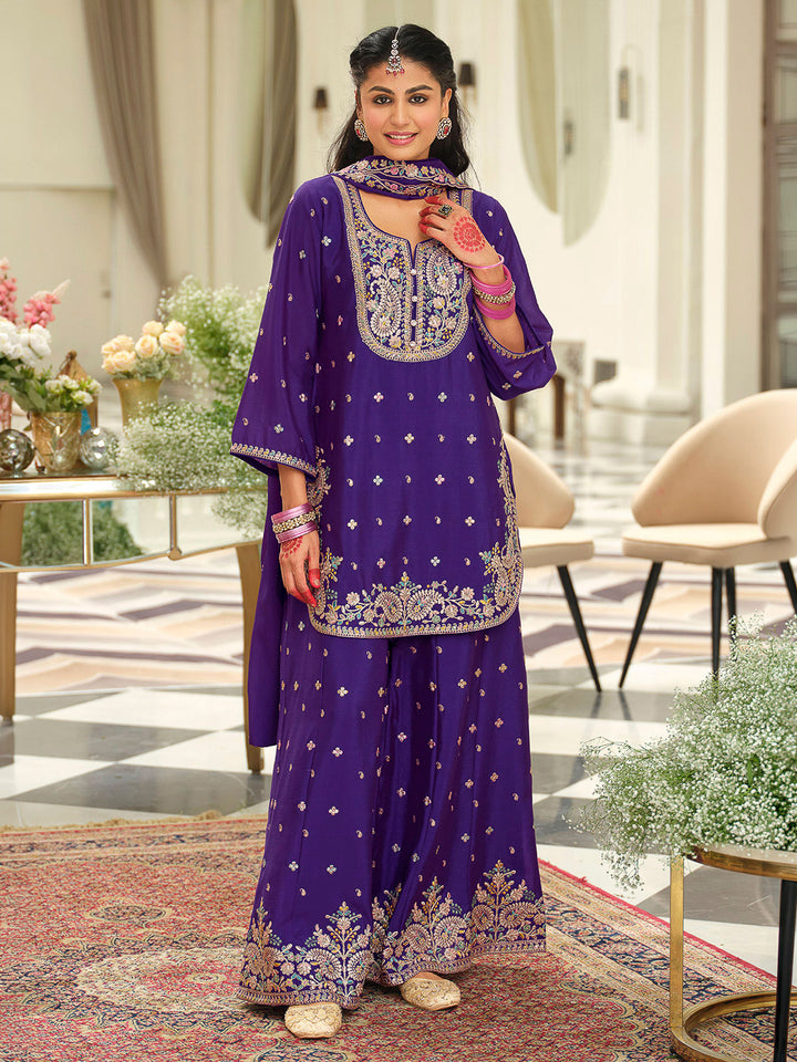 Purple Chinon Embroidered Kurti With Palazzo &amp; Dupatta