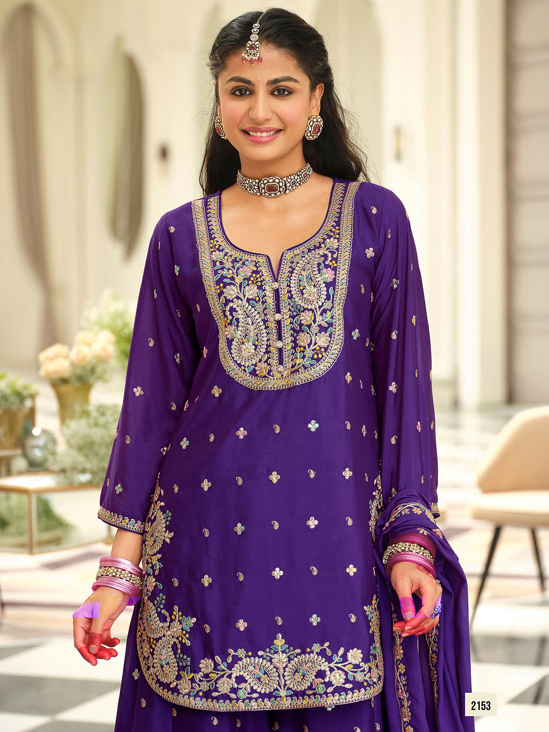 Purple Chinon Embroidered Kurti With Palazzo &amp; Dupatta
