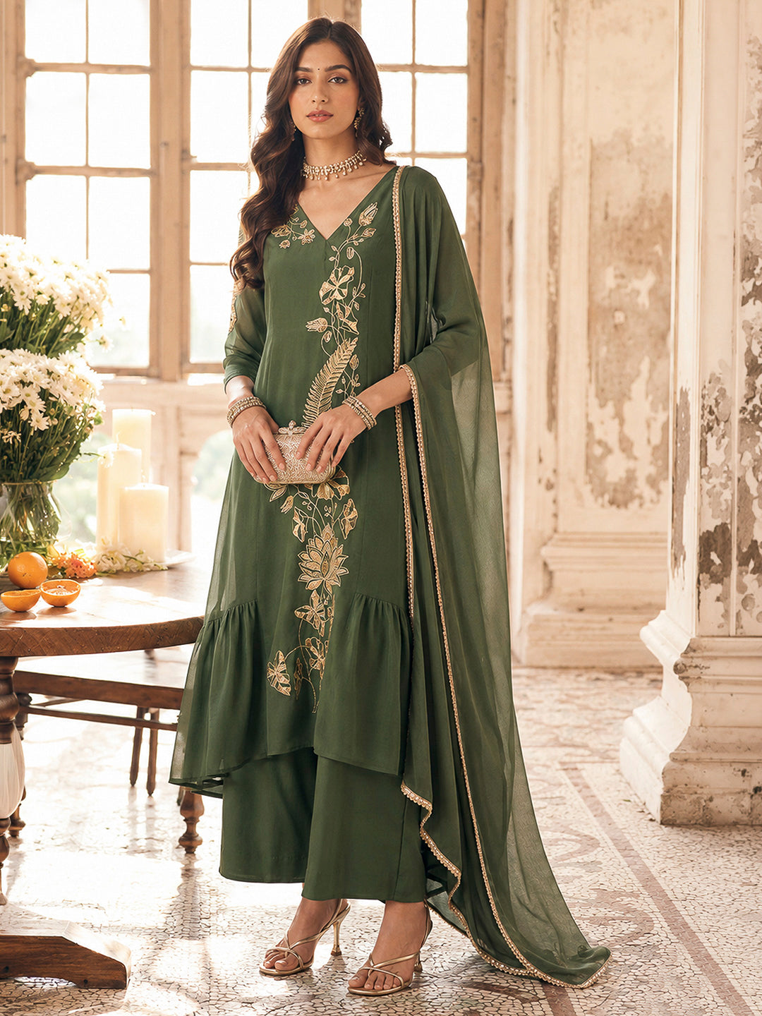 Mehndi-Green Chanderi Embroidered Kurti With Palazzo &amp; Dupatta