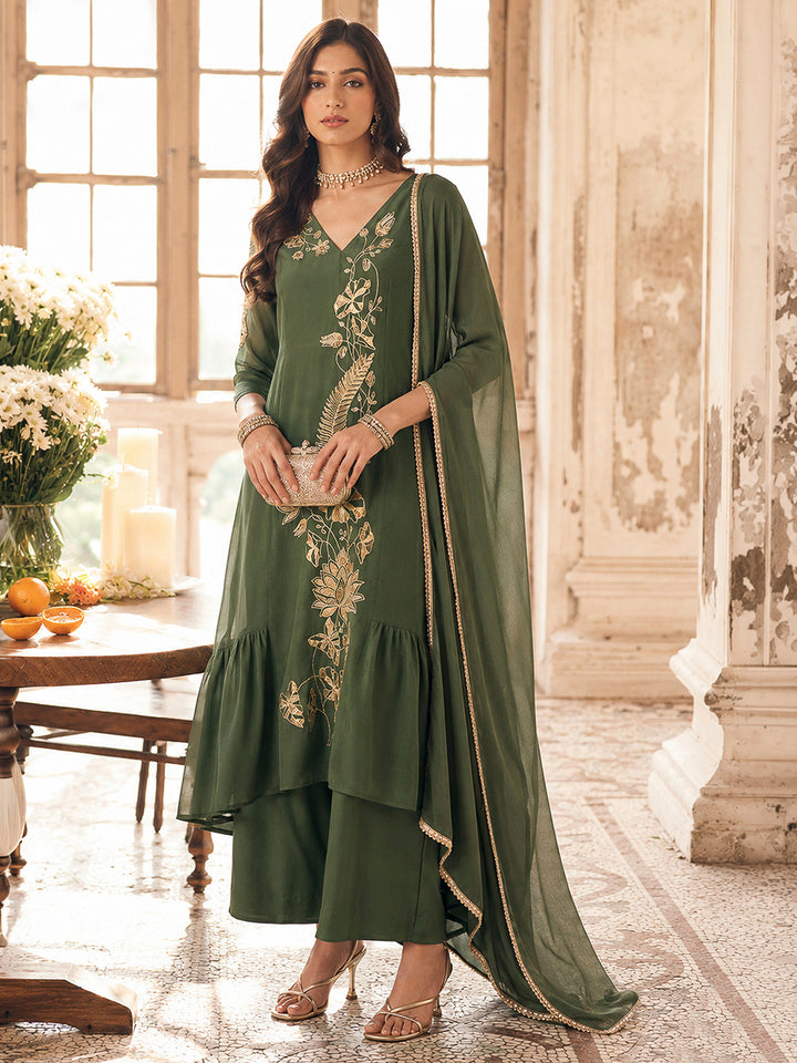 Mehndi-Green Chanderi Embroidered Kurti With Palazzo &amp; Dupatta