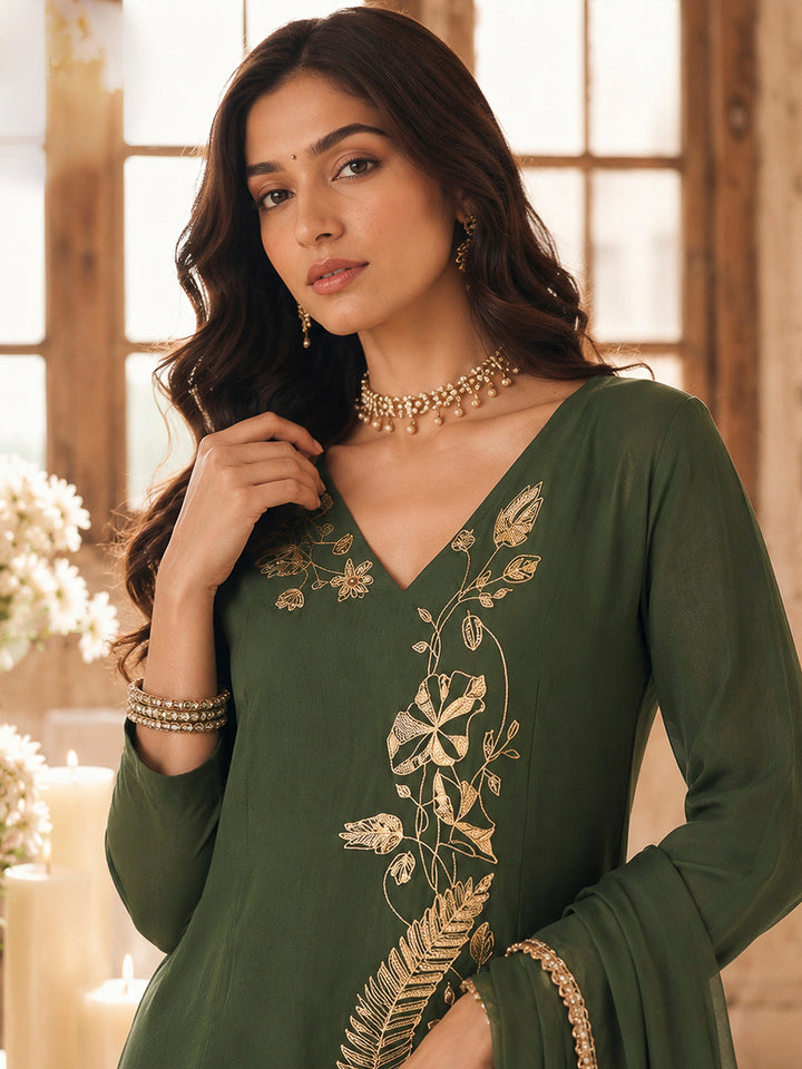 Mehndi-Green Chanderi Embroidered Kurti With Palazzo &amp; Dupatta