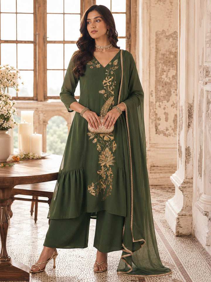 Mehndi-Green Chanderi Embroidered Kurti With Palazzo &amp; Dupatta