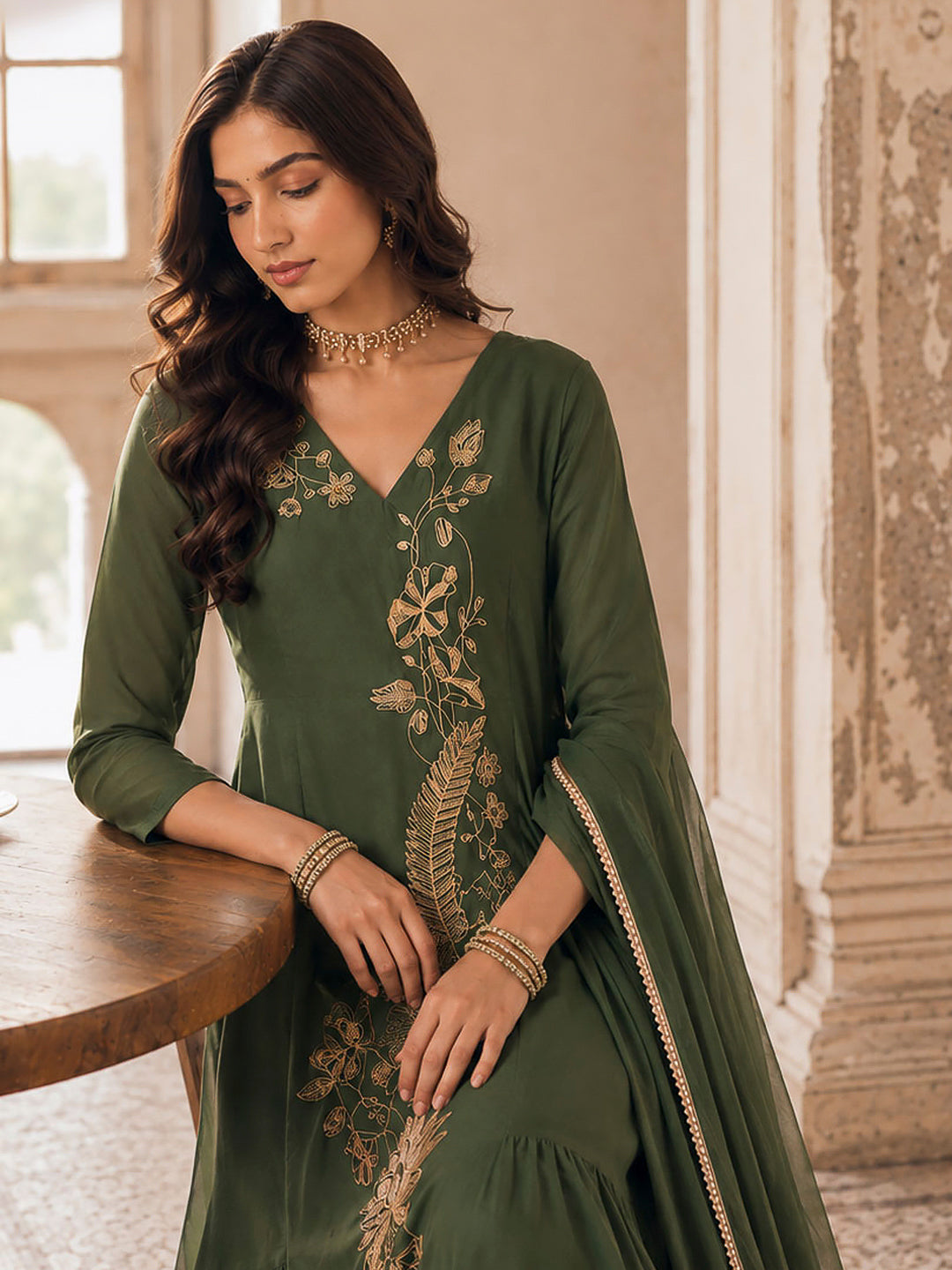 Mehndi-Green Chanderi Embroidered Kurti With Palazzo &amp; Dupatta