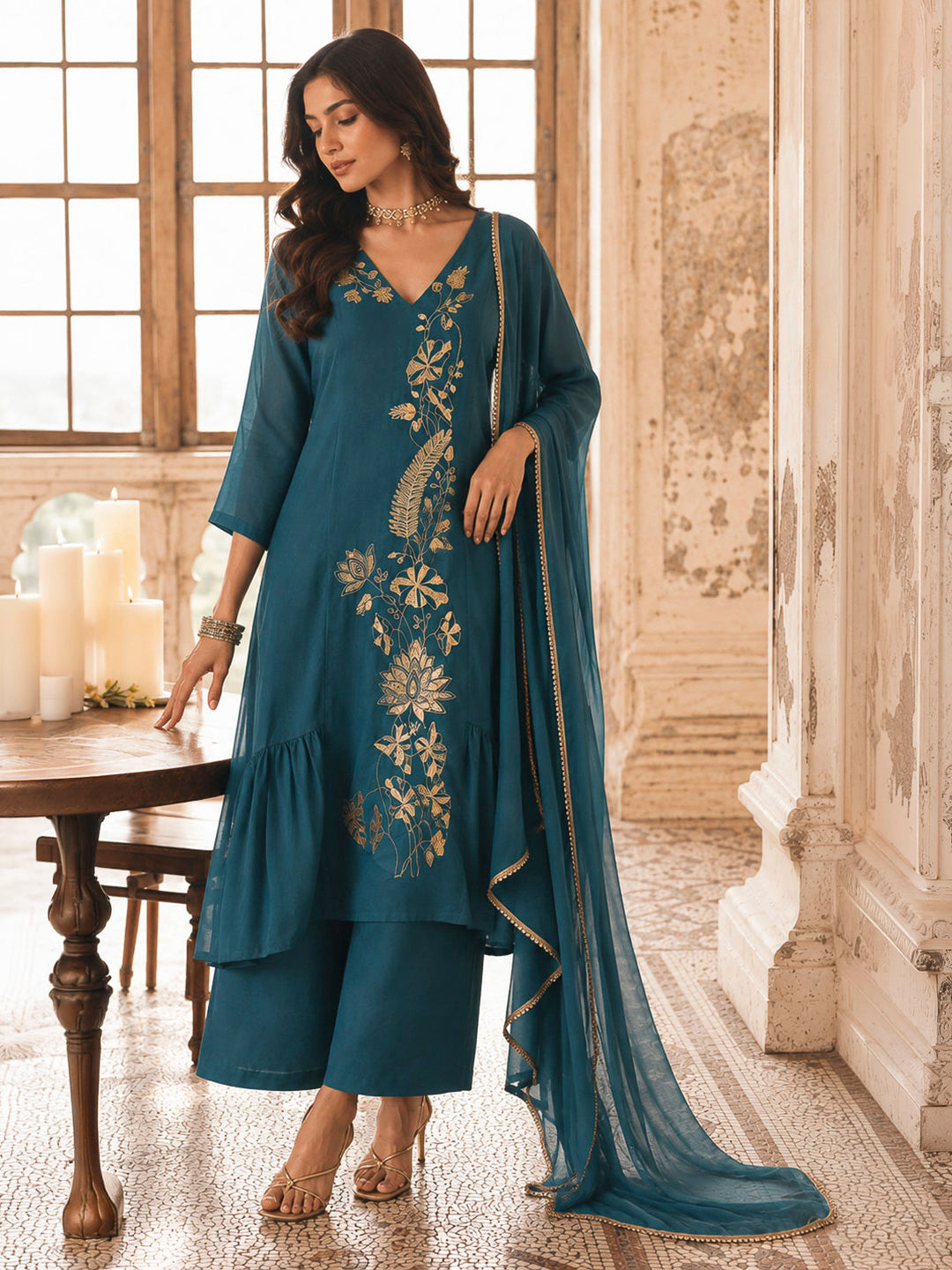 Teal Blue Chanderi Embroidered Kurti With Palazzo &amp; Dupatta