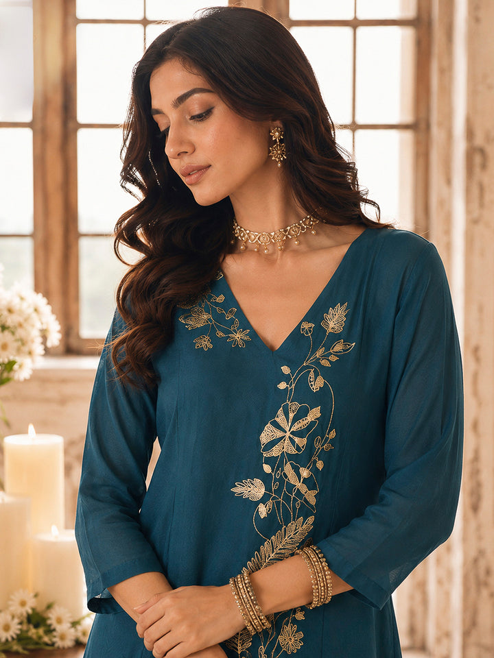 Teal Blue Chanderi Embroidered Kurti With Palazzo &amp; Dupatta
