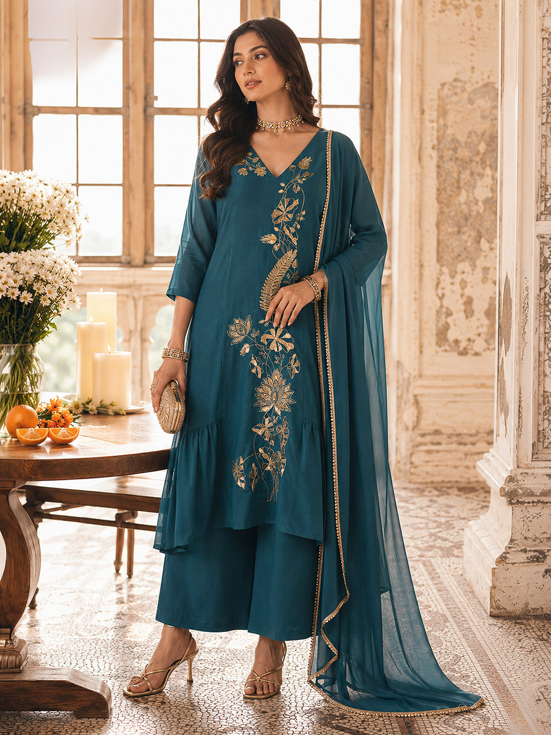 Teal Blue Chanderi Embroidered Kurti With Palazzo &amp; Dupatta