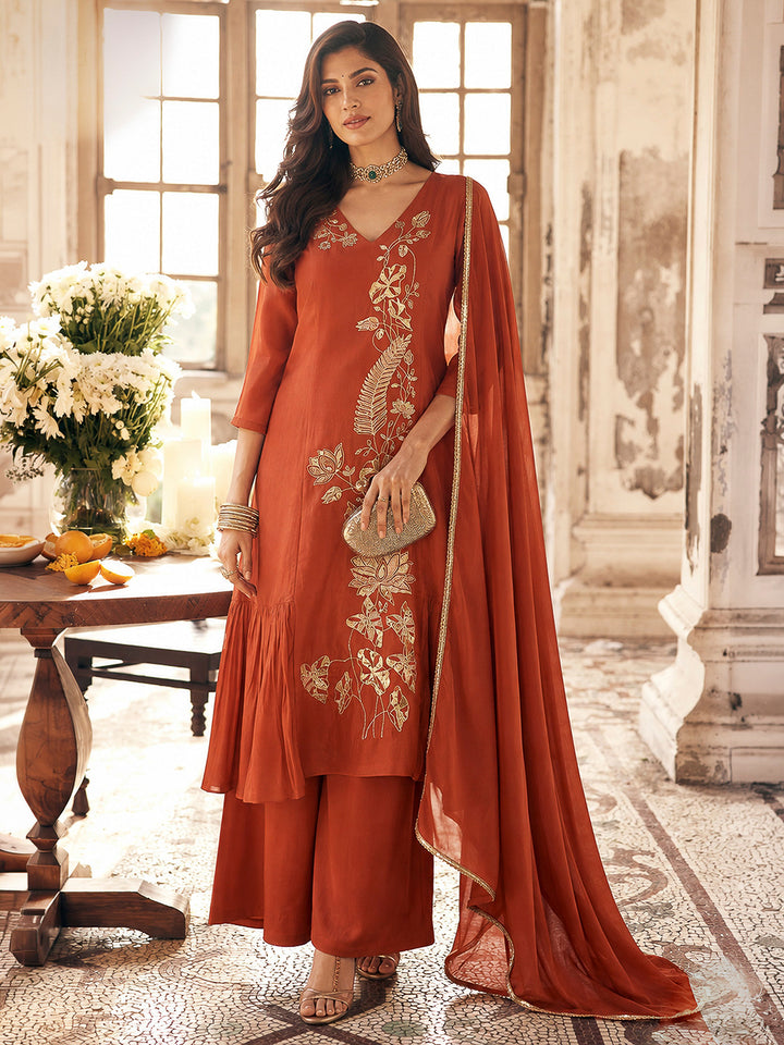 Orange Chanderi Embroidered Kurti With Palazzo &amp; Dupatta