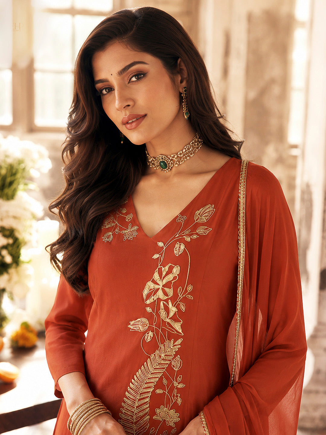 Orange Chanderi Embroidered Kurti With Palazzo &amp; Dupatta